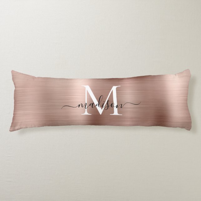 Girly Rose Gold Brushed Metal Monogram Script Name Body Cushion (Front)