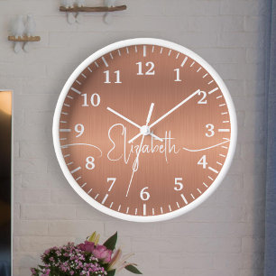 Girly Rose Gold Brushed Metal White Monogram Name Clock