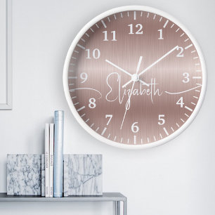 Girly Rose Gold Brushed Metal White Monogram Name  Clock