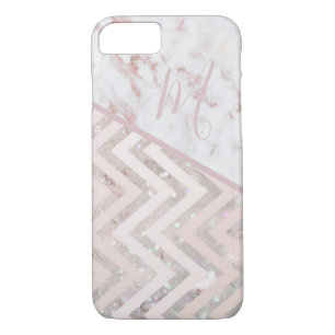 Girly Rose Gold Chevron Pattern Marble Monogram iPhone 8/7 Case