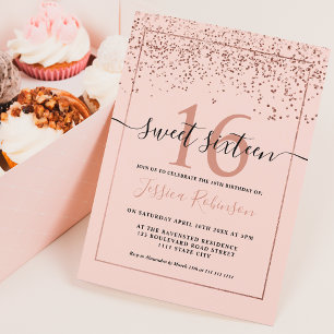 Girly rose gold confetti blush pink chic Sweet 16 Invitation