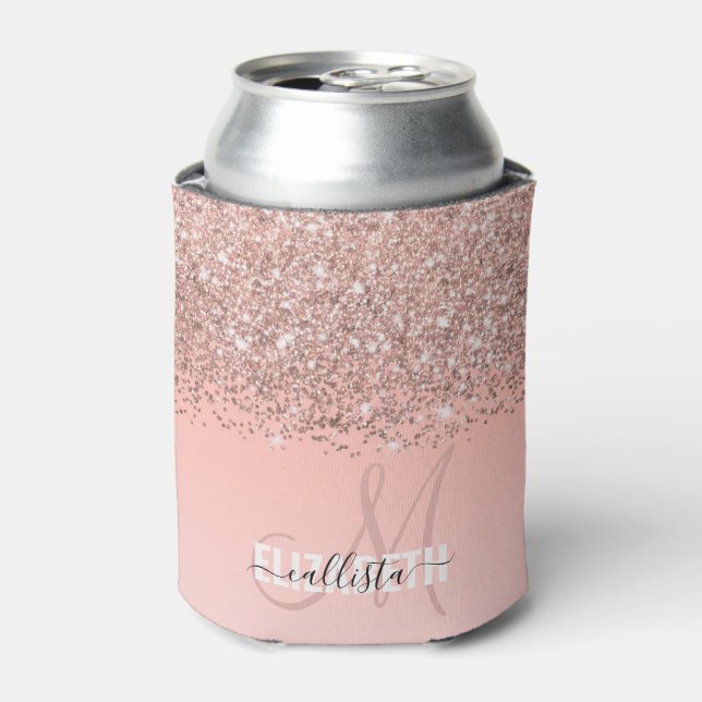 Girly Rose Gold Confetti Pink Gradient Monogram Can Cooler (Can Front)