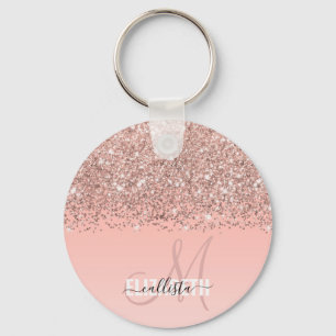 Girly Rose Gold Confetti Pink Gradient Monogram Key Ring