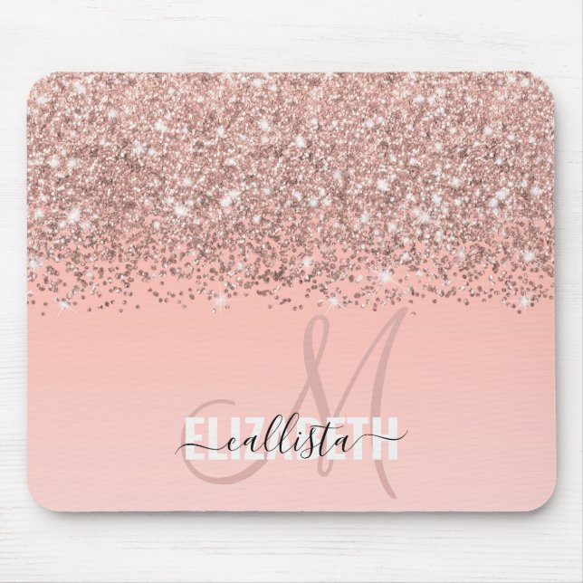 Girly Rose Gold Confetti Pink Gradient Monogram Mouse Mat (Front)