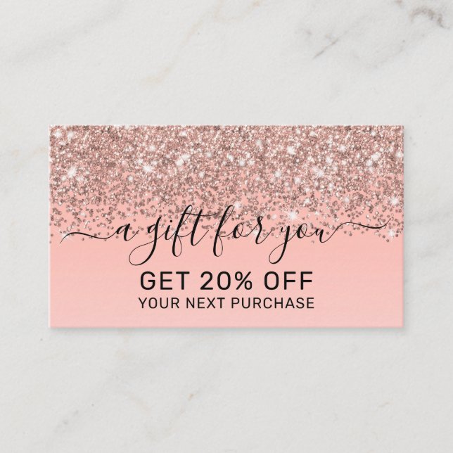 Girly Rose Gold Confetti Pink Gradient Ombre Discount Card (Front)