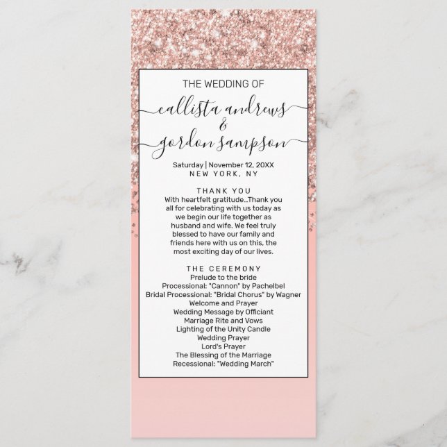 Girly Rose Gold Confetti Pink Gradient Ombre Programme (Front)