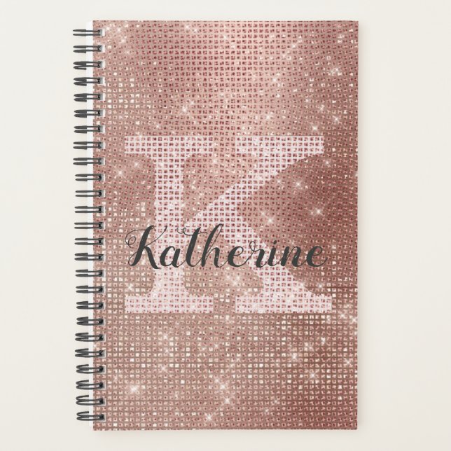 Girly Rose Gold Diamond Glam Sparkle Monogram Name Planner (Front)