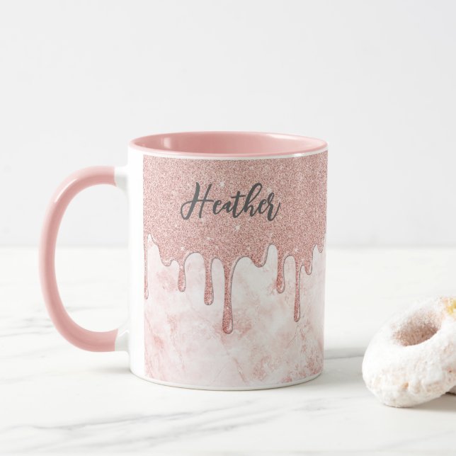 Girly Rose Gold Dripping Glitter Monogram Mug (With Donut)