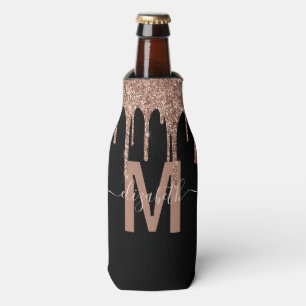 Girly Rose Gold Dripping Glitter Monogram Name Bottle Cooler