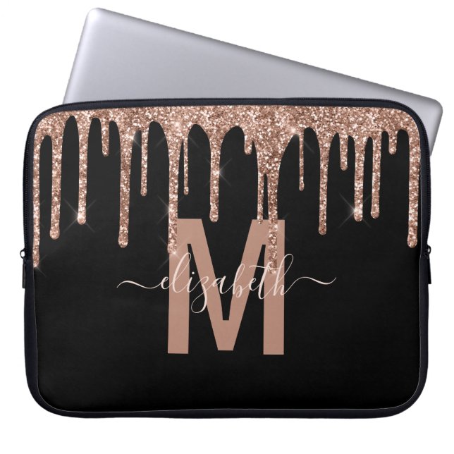 Girly Rose Gold Dripping Glitter Monogram Name Laptop Sleeve (Front)