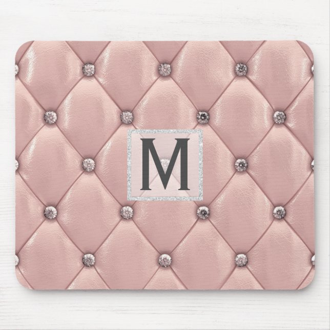 Girly Rose Gold Faux Leather|Diamonds Monogrammed Mouse Mat (Front)