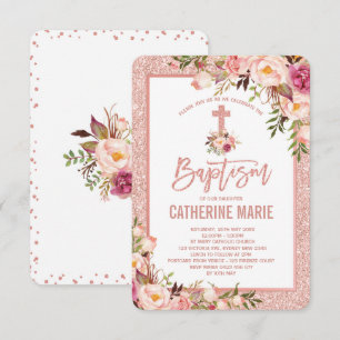 Girly Rose Gold Floral Baptism Baby Girl Invitation