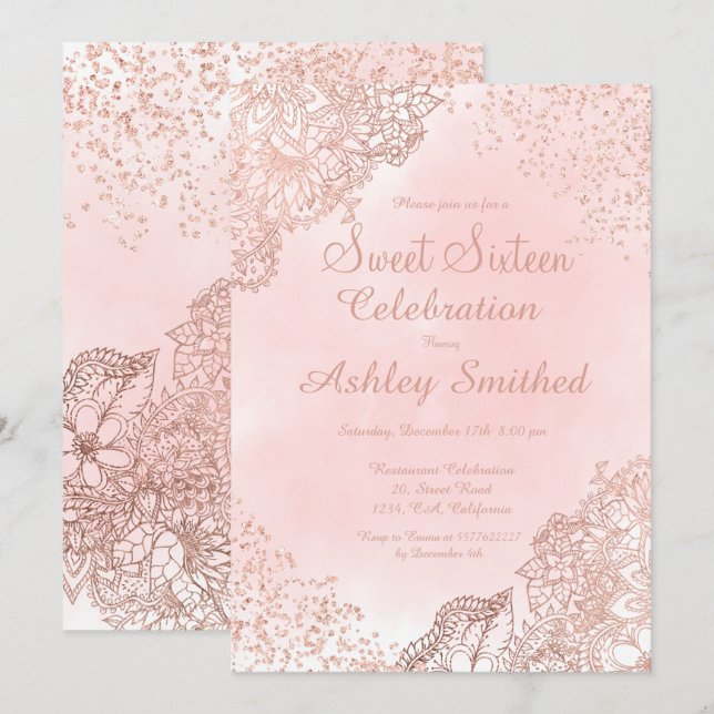 Girly rose gold floral glitter confetti Sweet 16 Invitation (Front/Back)