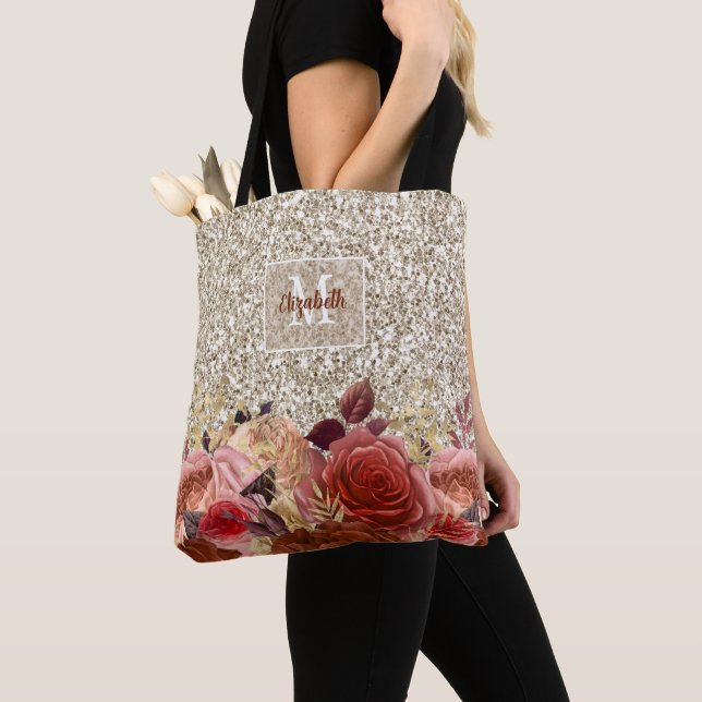Girly Rose Gold Floral Monogram Light Gold Glitter Tote Bag (Close Up)