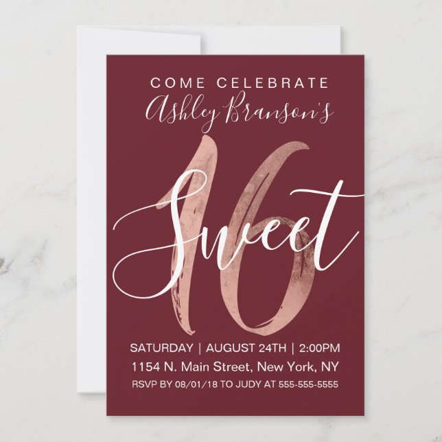 Girly Rose Gold Foil Burgundy Red Sweet 16 Invitation (Front)
