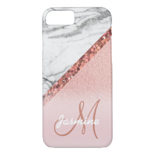Girly Rose Gold Foil Glitter Grey Marble Monogram iPhone 8/7 Case