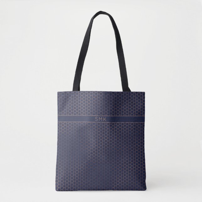 Girly Rose Gold Foil Navy Blue Hexagon Monogram Tote Bag (Front)