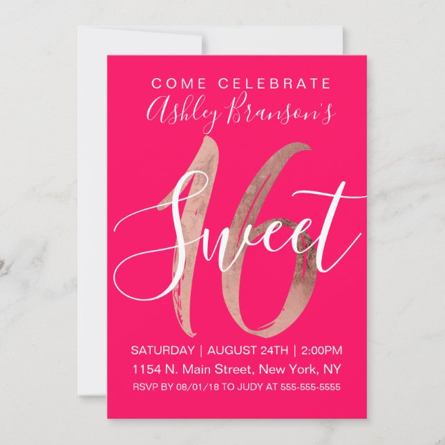 Girly Rose Gold Foil Neon Pink Sweet 16 Invitation (Front)
