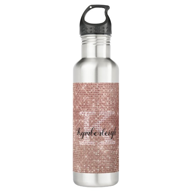 Girly Rose Gold Glam Diamond Glitter Monogram Name 710 Ml Water Bottle (Front)