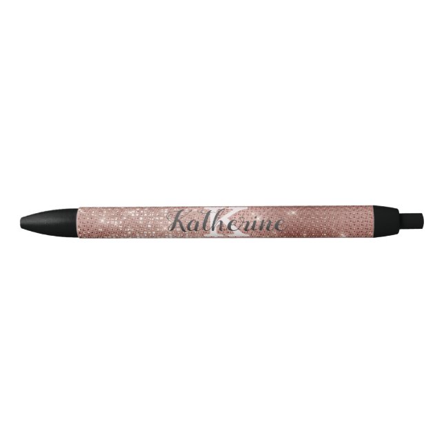 Girly Rose Gold Glam Diamond Sparkle Monogram Name Black Ink Pen (Front)