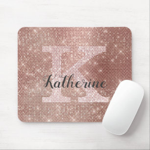 Girly Rose Gold Glam Diamond Sparkle Monogram Name Mouse Mat