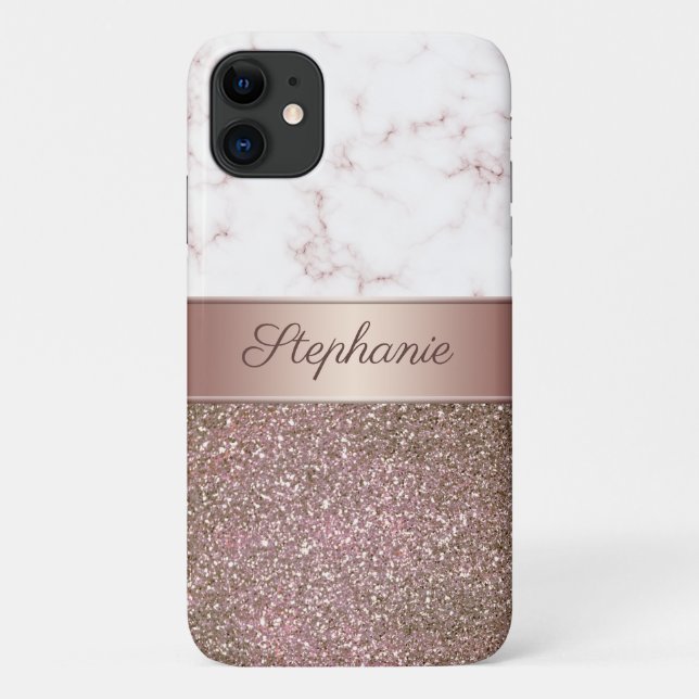 Girly Rose Gold Glitter and Marble Add Name Case-Mate iPhone Case (Back)