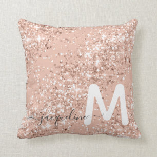 Girly Rose Gold Glitter Blush Monogram  Cushion
