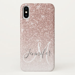Girly Rose Gold Glitter Blush Monogram Name iPhone X Case