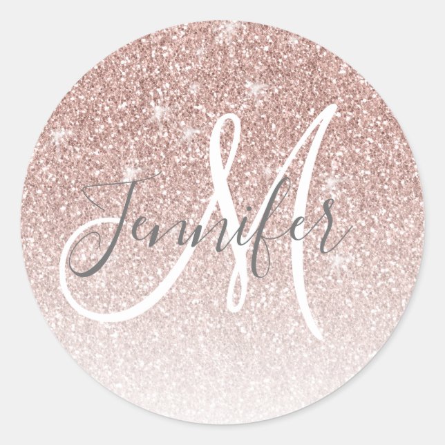 Girly Rose Gold Glitter Blush Monogram Name Classic Round Sticker (Front)