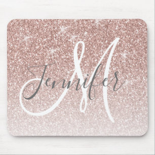 Girly Rose Gold Glitter Blush Monogram Name Mouse Mat