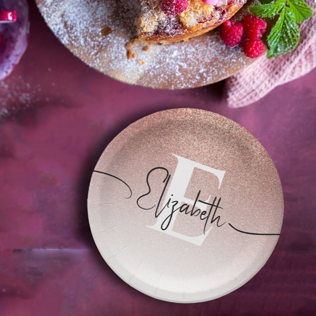 Girly Rose Gold Glitter Blush Monogram Script Name Paper Plate (Creator Uploaded)