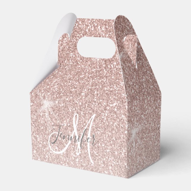 Girly Rose Gold Glitter Blush Name Monogram Favour Box (Front Side)
