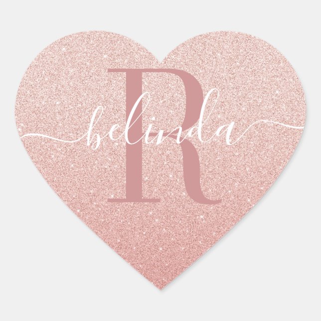 Girly Rose Gold Glitter Blush Pink Monogram Name Heart Sticker (Front)