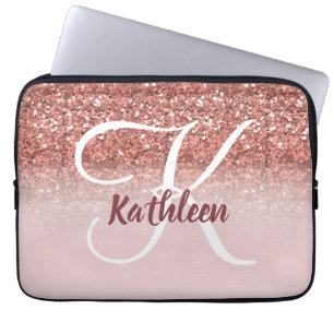Girly Rose Gold Glitter Burgundy Monogram Name Laptop Sleeve