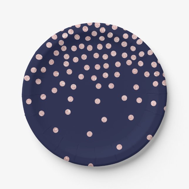 girly rose gold glitter confetti polka dots paper plate (Front)