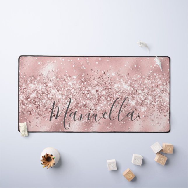 Girly Rose Gold Glitter Custom Name Monogram Desk Mat (Kids Table)