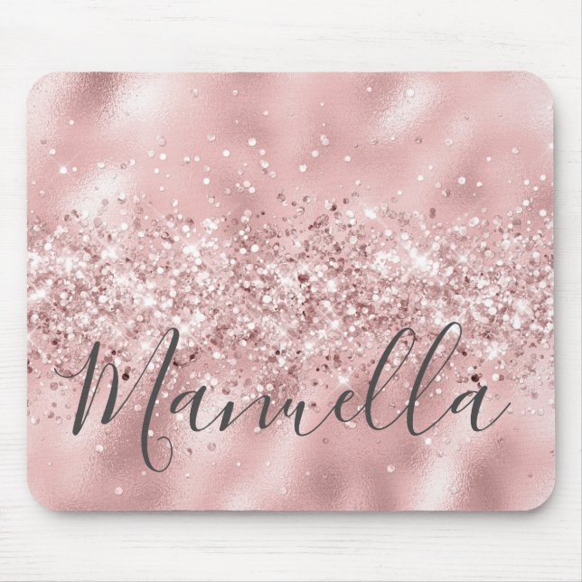 Girly Rose Gold Glitter Custom Name Monogram Mouse Mat (Front)
