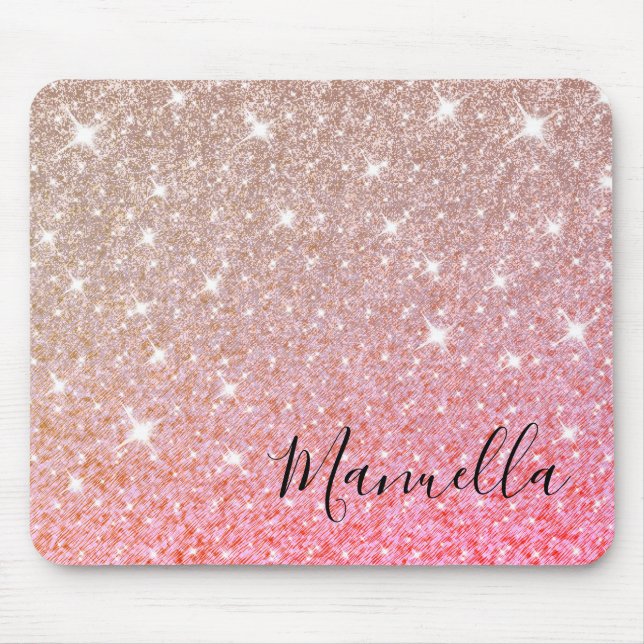 Girly Rose Gold Glitter Custom Name Monogram Mouse Mat (Front)