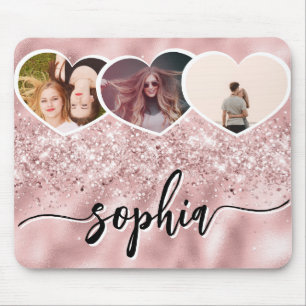 Girly Rose Gold Glitter Custom Name Photo Collage Mouse Mat