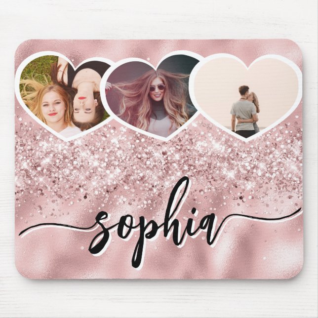 Girly Rose Gold Glitter Custom Name Photo Collage Mouse Mat (Front)