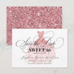 Girly Rose Gold Glitter Dress Sweet 16 Birthday Save The Date