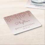 Girly Rose Gold Glitter Drip 80th Birthday Party Square Paper Coaster<br><div class="desc">These chic,  feminine 80th birthday party paper coasters feature a sparkly rose gold faux glitter drip border and rose gold ombre background. Personalise them with the guest of honour's name in dark rose handwriting script,  with her birthday and date below in sans serif font.</div>