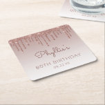 Girly Rose Gold Glitter Drip 80th Birthday Party Square Paper Coaster<br><div class="desc">These chic,  feminine 80th birthday party paper coasters feature a sparkly rose gold faux glitter drip border and rose gold ombre background. Personalise them with the guest of honour's name in dark rose handwriting script,  with her birthday and date below in sans serif font.</div>