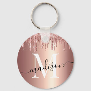 Girly Rose Gold Glitter Drip Foil Monogram Key Ring