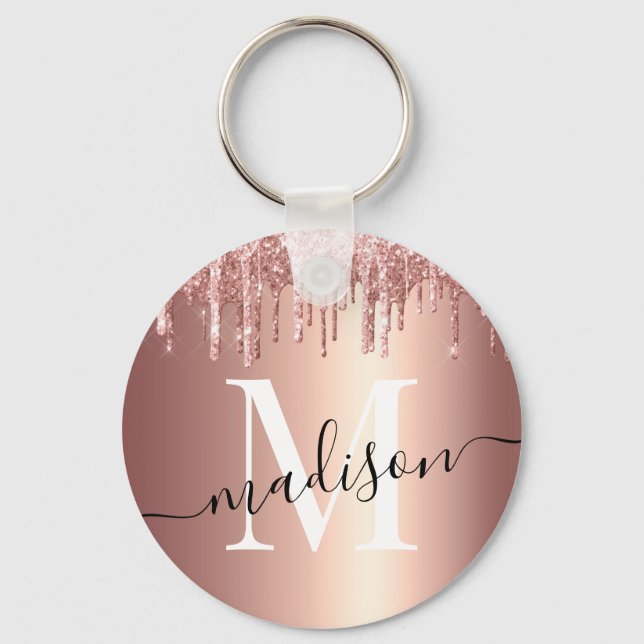 Girly Rose Gold Glitter Drip Foil Monogram Key Ring (Front)