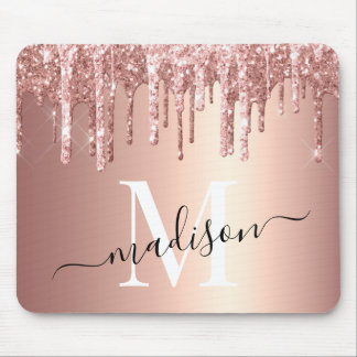 Girly Rose Gold Glitter Drip Foil Monogram Mouse Mat