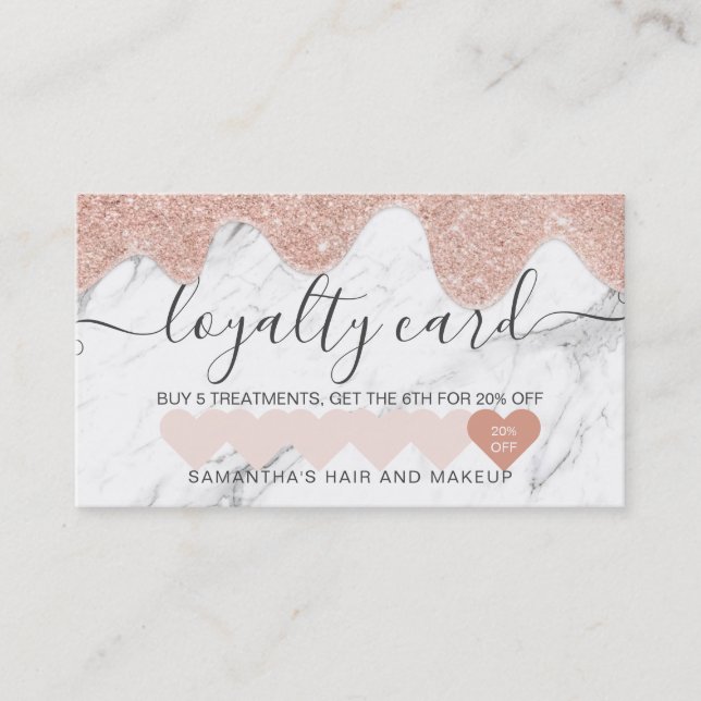 Girly rose gold glitter drips marble makeup loyalty card (Front)