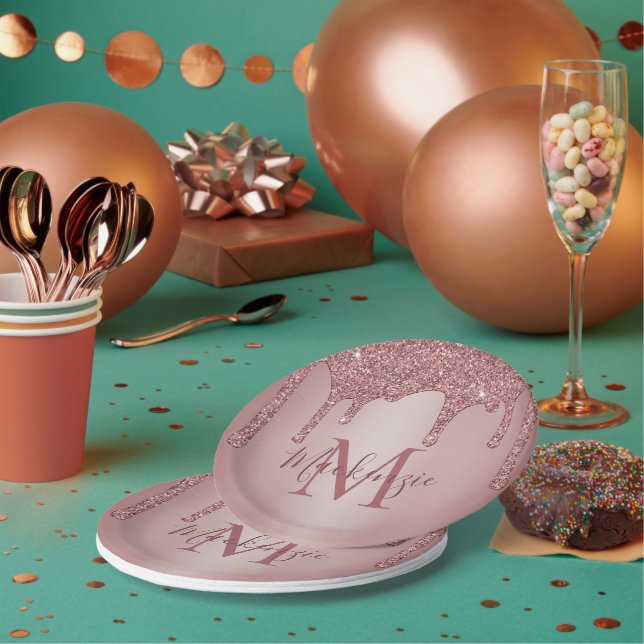 Girly Rose Gold Glitter Drips Monogram Birthday Paper Plate (Multi)