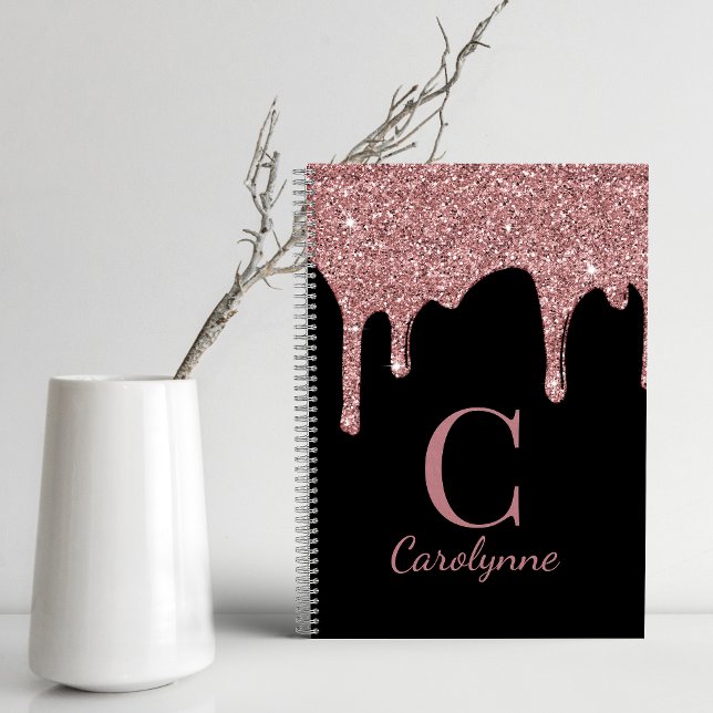 Girly Rose Gold Glitter Drips Monogram on Black Notebook (Creator Uploaded)