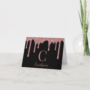 Girly Rose Gold Glitter Drips Monogram Thank You Card